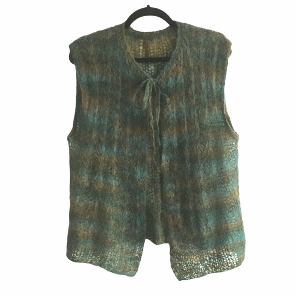 HAND KNIT Vintage Mohair Sleeveless Open Cardigan Vest Tie Neck Green Blue S/M